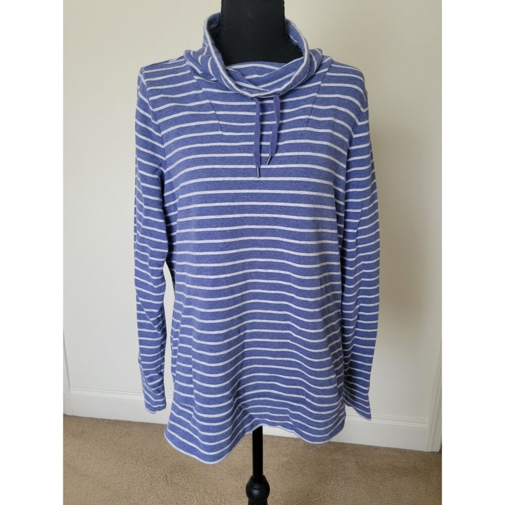 L.L. Bean Blue and White Striped Cowl Neck Nautical Pullover 95% Cotton Size S